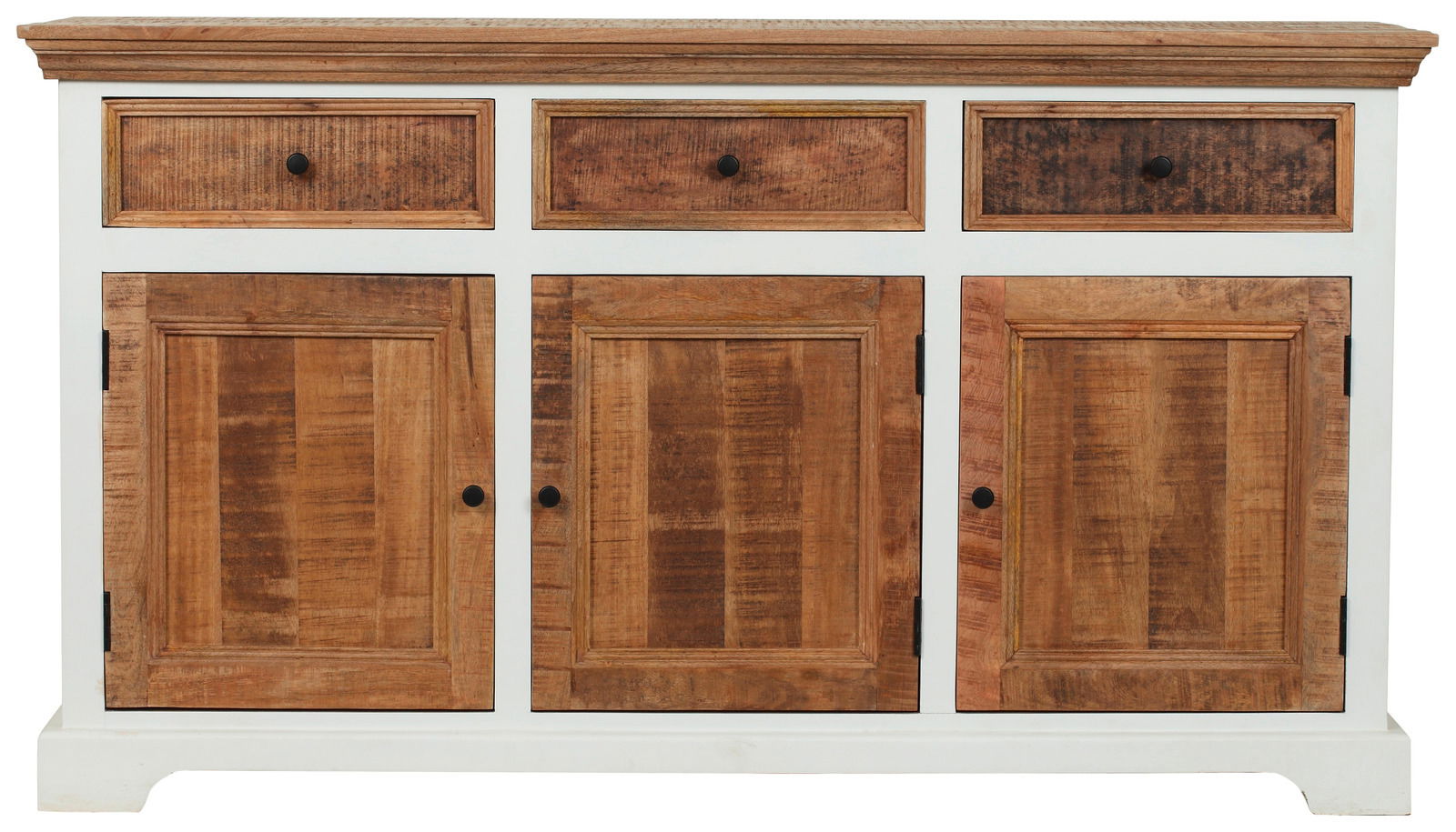 Frontale Ansicht eines Sideboards mit drei Schubladen und drei Türen aus Holz in einem zweifarbigen Design.