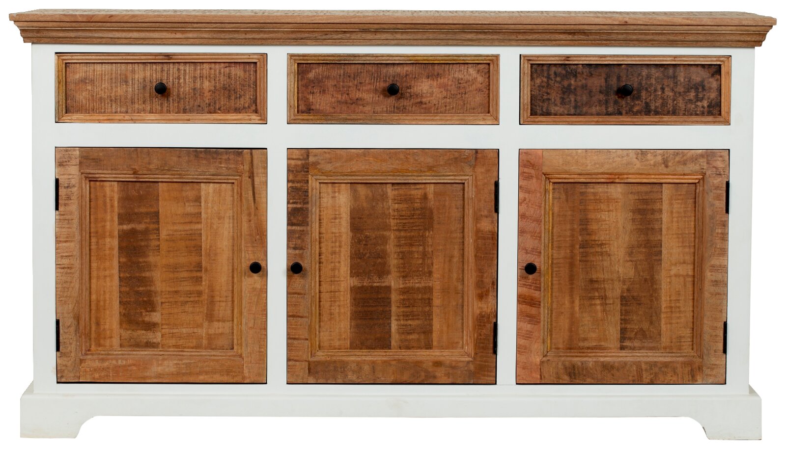 Frontale Ansicht eines Sideboards mit drei Schubladen und drei Türen aus Holz in einem zweifarbigen Design.