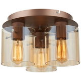 Deckenleuchte Beth mit drei sichtbaren Glühbirnen und transparenten Zylinderschirmen, seitliche Perspektive