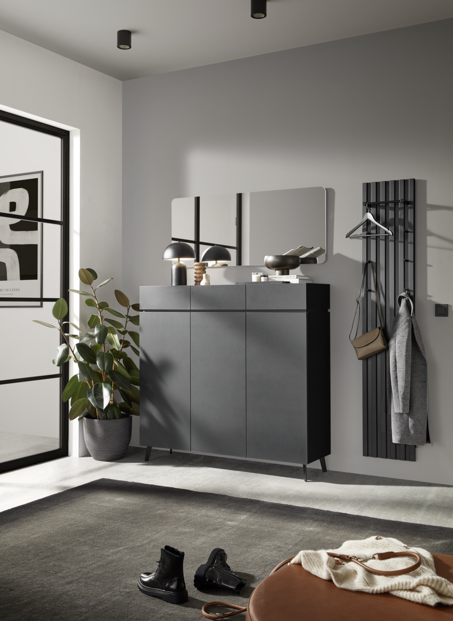 Moderner Eingangsbereich mit schwarzem Schuhschrank, Wandspiegel und Garderobenpaneel, seitliche Perspektive