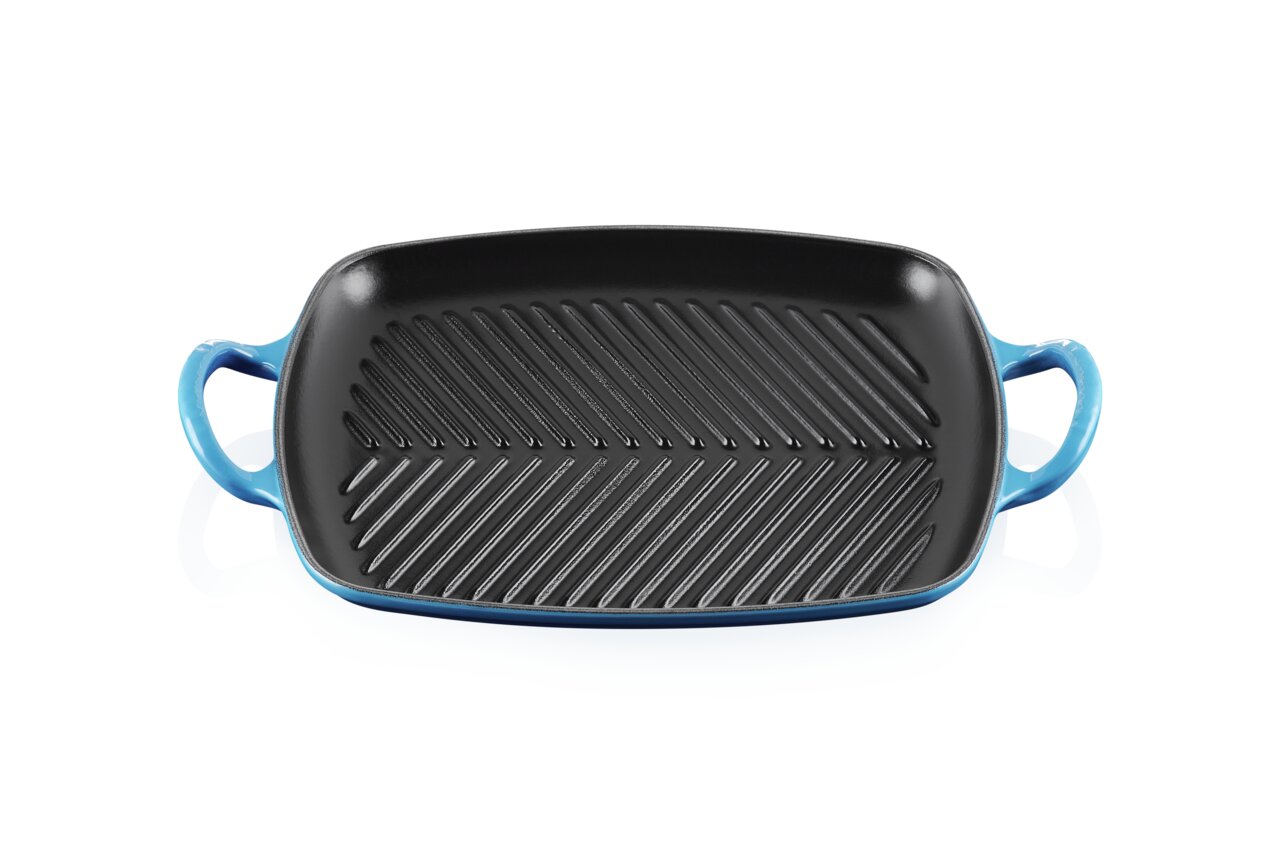 LE CREUSET Grillplatte 30x27 cm Grillplatte 30x27 cm in Azure-Blau mit geriffelter Oberfläche und zwei Griffen, Ansicht von oben