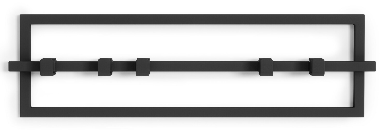 Schwarze Wandgarderobe mit rechteckigem Rahmen und vier Haken, Ansicht von vorne.