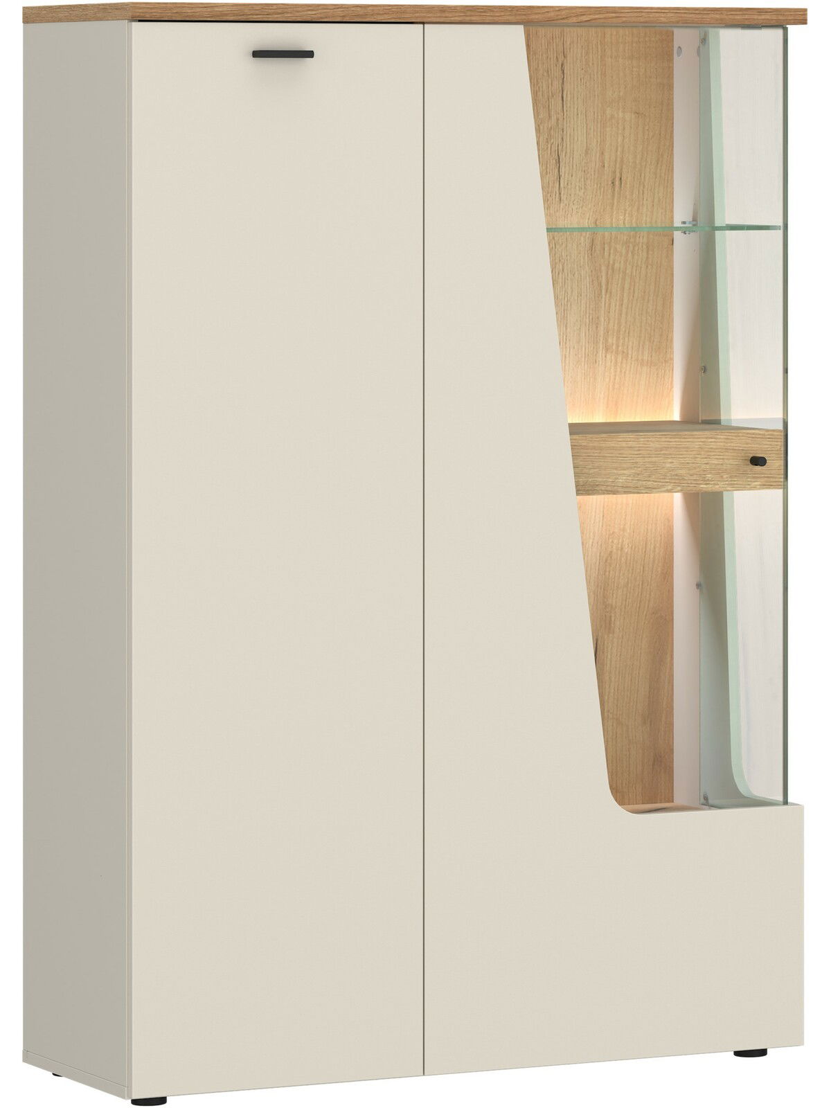Modernes Highboard mit cremeweißer Front und Holzelementen, seitliche Glasvitrine mit Beleuchtung, Frontalansicht