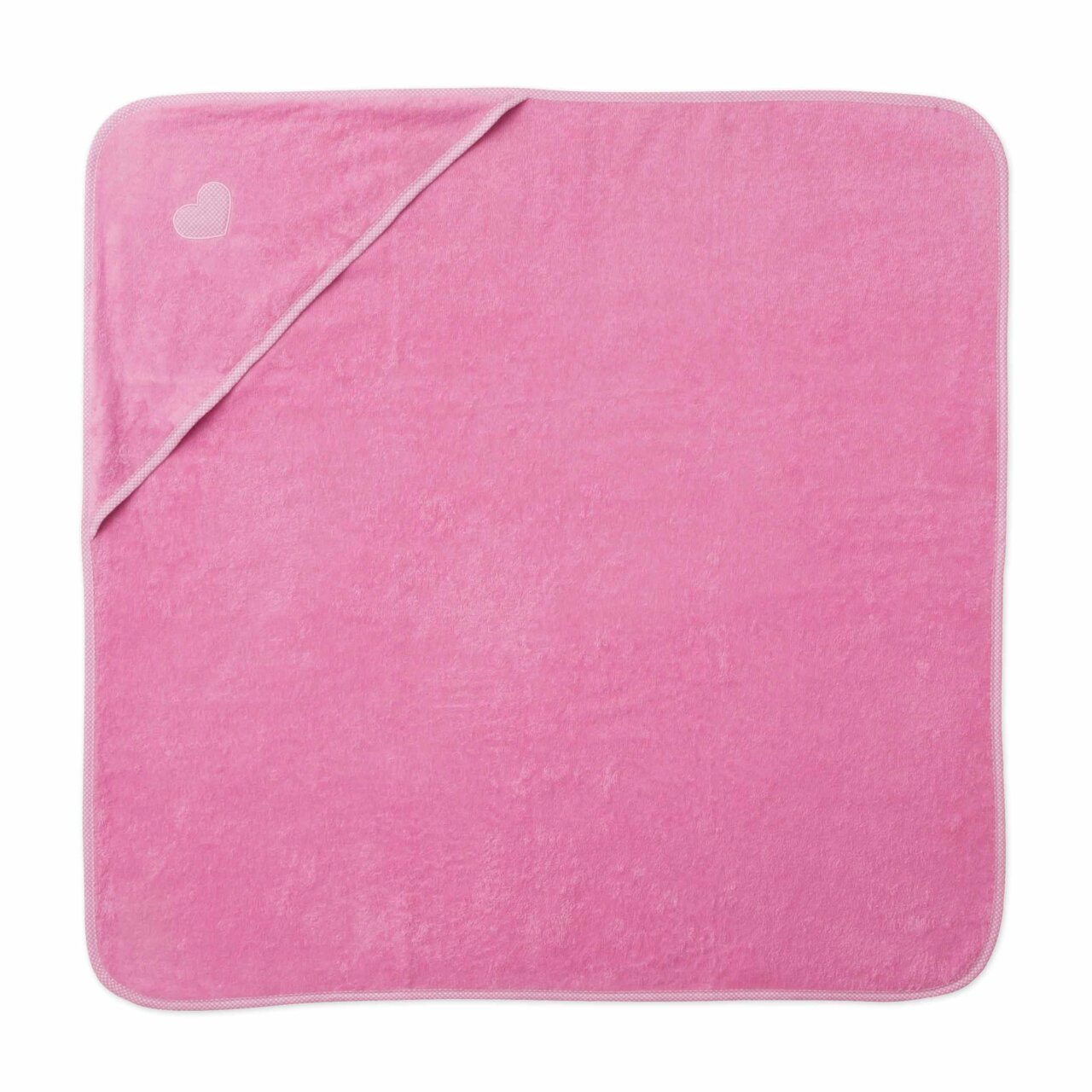 Roze kinderhanddoek met hartjesmotief in de hoek, bovenaanzicht