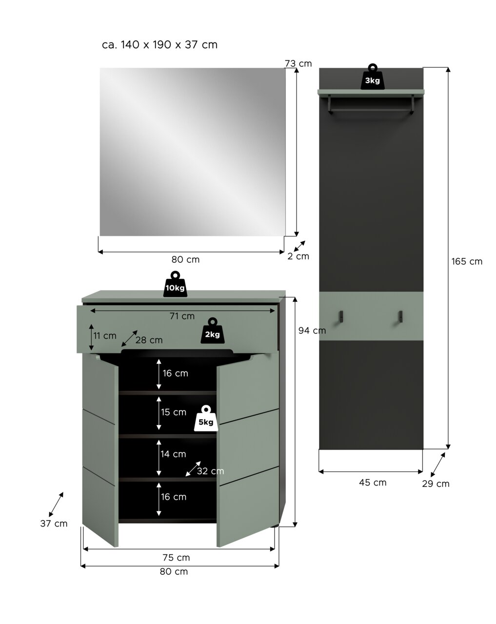 Maßskizze eines Garderoben-Sets in Grau/Schwarz mit Spiegel, Schuhschrank und Wandgarderobe inkl. Abmessungen und Belastungsangaben, dargestellt in Frontansicht sowie teils Seitenansicht.