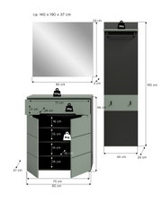 Maßskizze eines Garderoben-Sets in Grau/Schwarz mit Spiegel, Schuhschrank und Wandgarderobe inkl. Abmessungen und Belastungsangaben, dargestellt in Frontansicht sowie teils Seitenansicht.