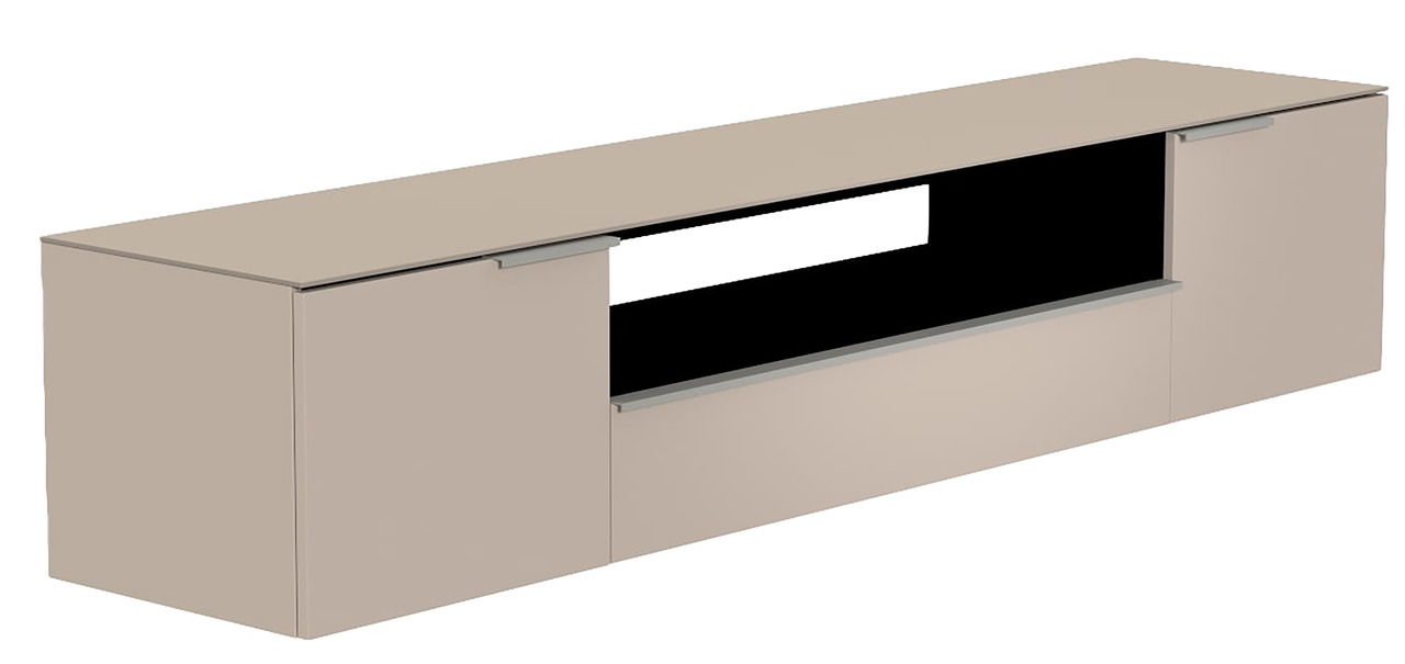 Beiges XL Hänge-Lowboard mit zwei Türen und offenem Fach, seitliche Perspektive