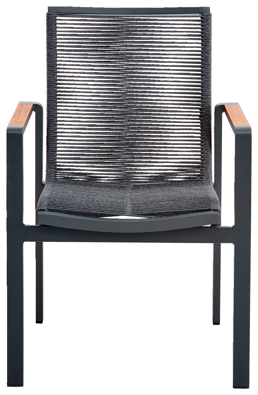 Moderner Stapelsessel mit grauem Seilgeflecht und Armlehnen aus Holz, Frontalansicht