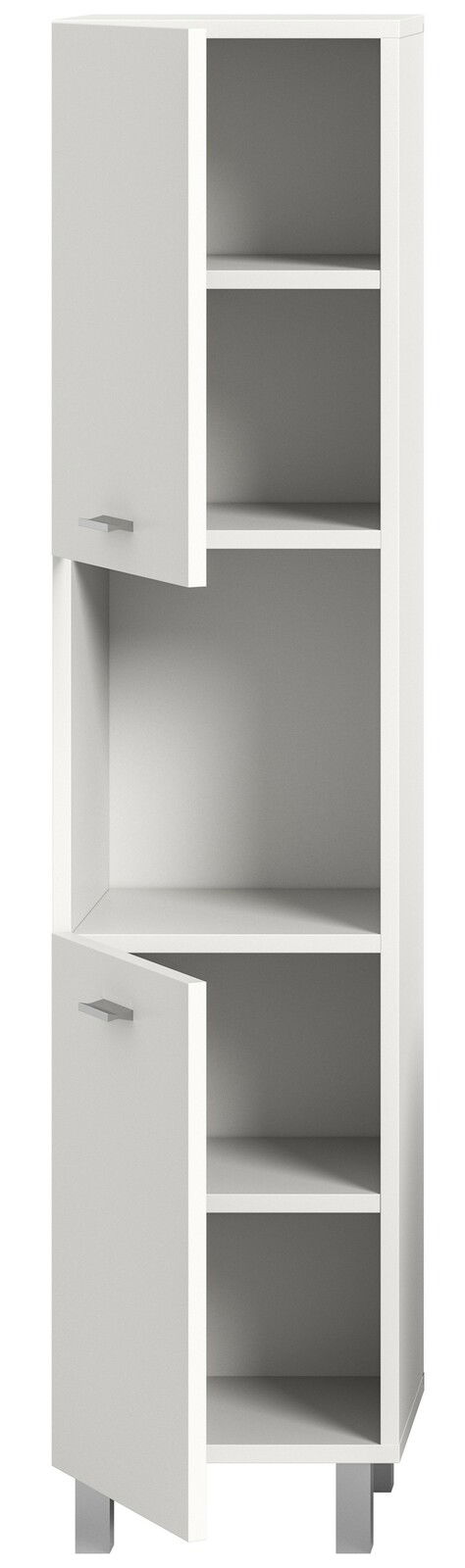 Weißer Badschrank mit zwei offenen Türen, frontal betrachtet, zeigt mehrere Regalfächer.