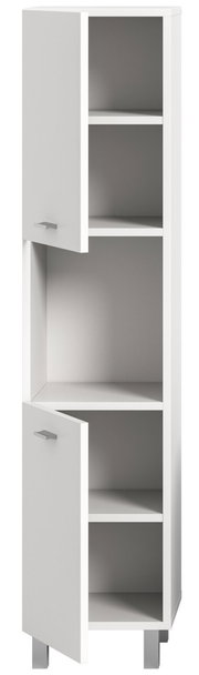 Weißer Badschrank mit zwei offenen Türen, frontal betrachtet, zeigt mehrere Regalfächer.