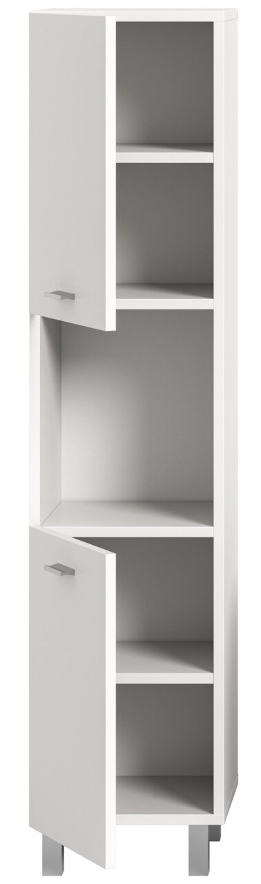 Weißer Badschrank mit zwei offenen Türen, frontal betrachtet, zeigt mehrere Regalfächer.