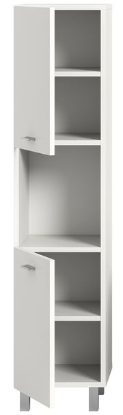 Weißer Badschrank mit zwei offenen Türen, frontal betrachtet, zeigt mehrere Regalfächer.