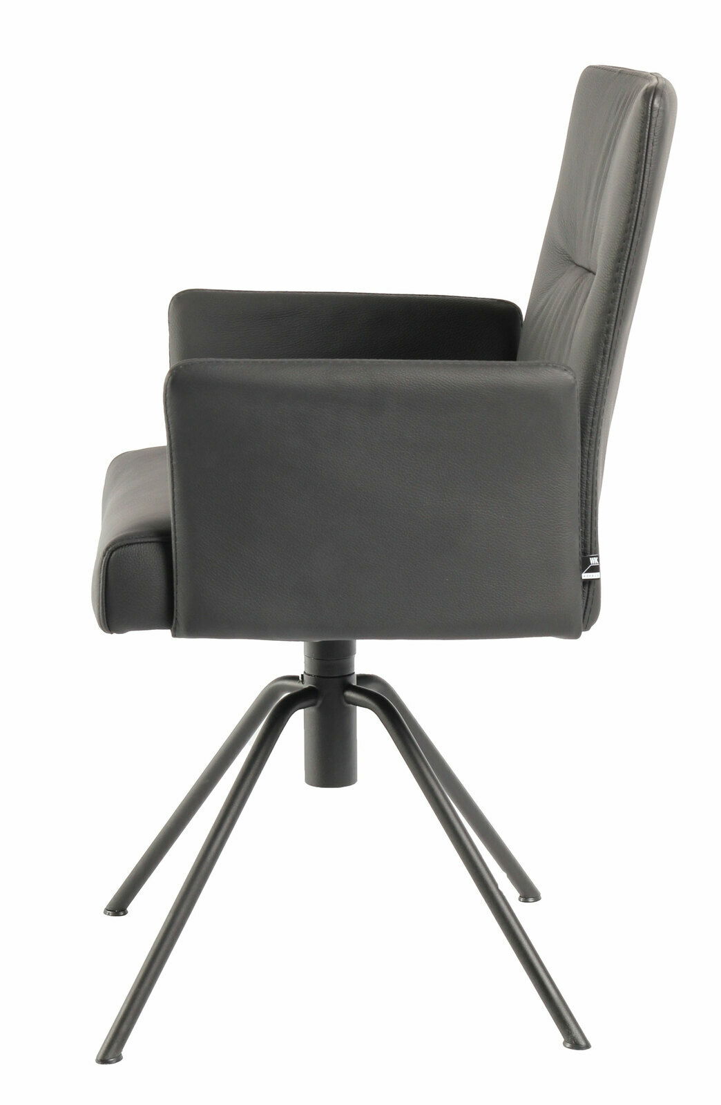 Moderner schwarzer Sessel mit Armlehnen und Metallbeinen, Seitenansicht