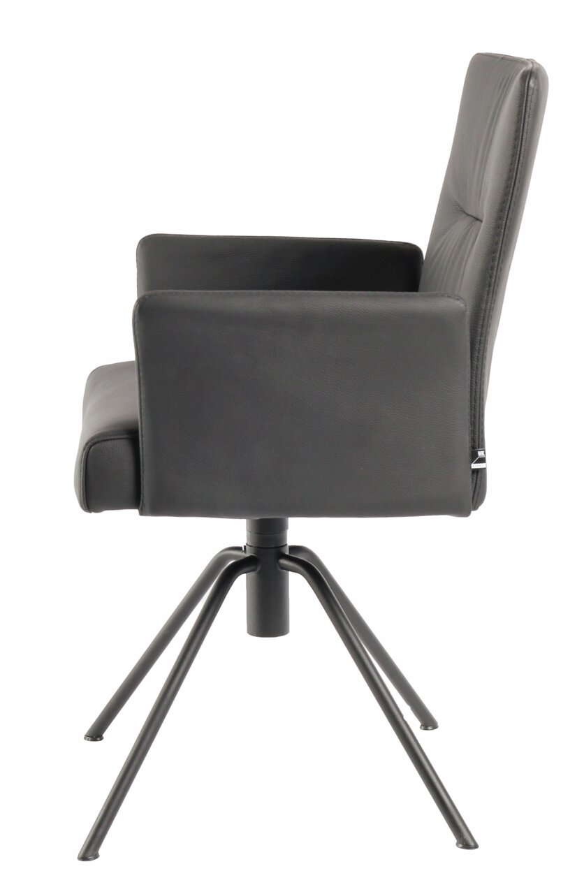 Moderne zwarte fauteuil met armleuningen en metalen poten, zijaanzicht