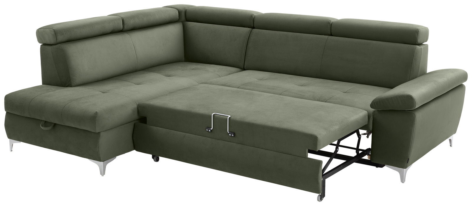 Grünes Ecksofa mit Schlaffunktion, Perspektive von vorne rechts