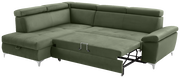 Grünes Ecksofa mit Schlaffunktion, Perspektive von vorne rechts