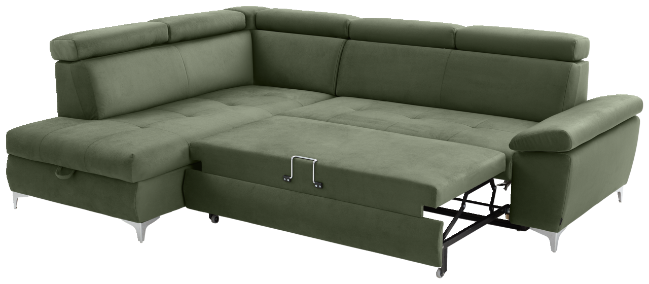 Grünes Ecksofa mit Schlaffunktion, Perspektive von vorne rechts