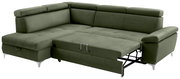 Grünes Ecksofa mit Schlaffunktion, Perspektive von vorne rechts
