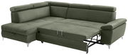 Grünes Ecksofa mit Schlaffunktion, Perspektive von vorne rechts