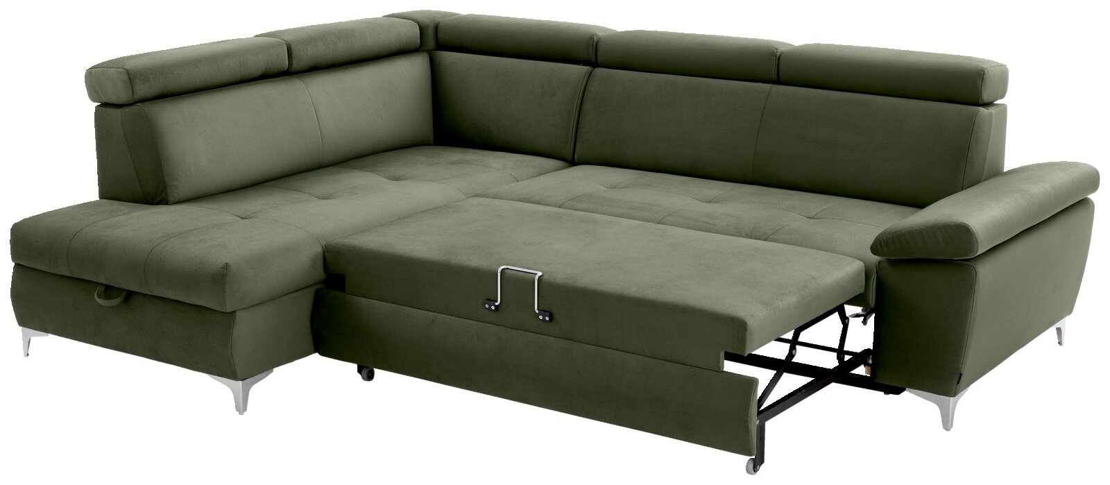 Groene hoekbank met slaapfunctie, gezien van rechts vooraan