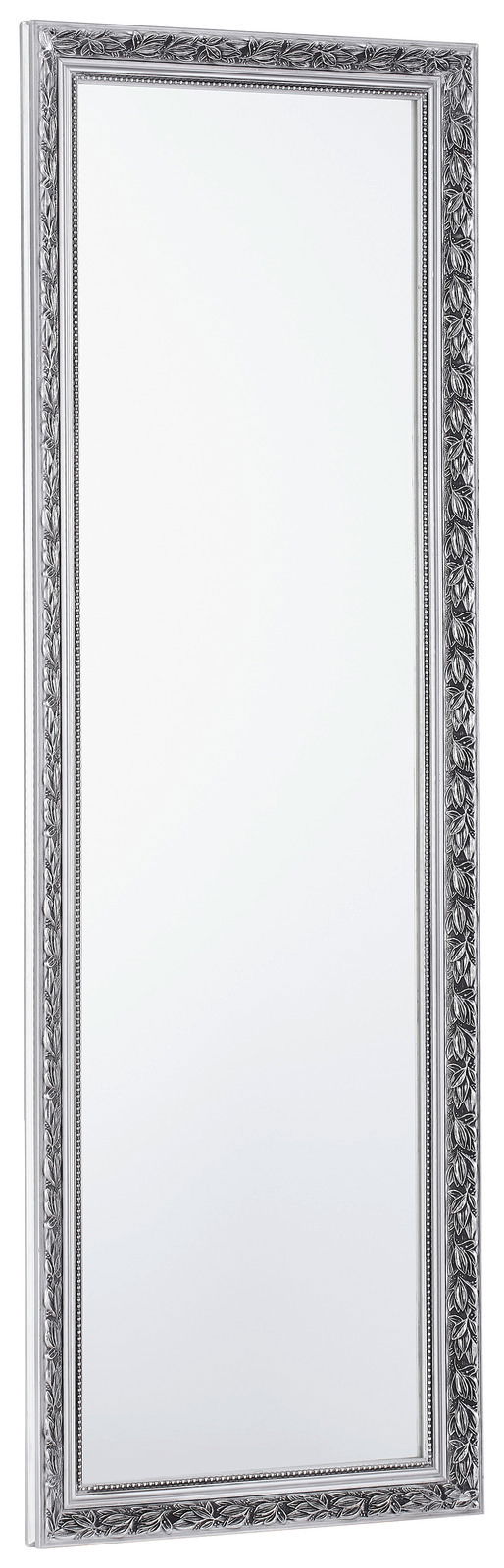 Rechteckiger Spiegel mit verziertem silbernem Rahmen, perspektivisch von der Seite fotografiert.