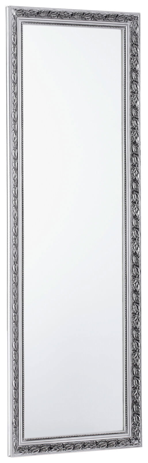 Rechteckiger Spiegel mit verziertem silbernem Rahmen, perspektivisch von der Seite fotografiert.