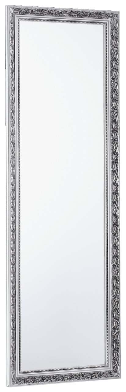 Rechteckiger Spiegel mit verziertem silbernem Rahmen, perspektivisch von der Seite fotografiert.