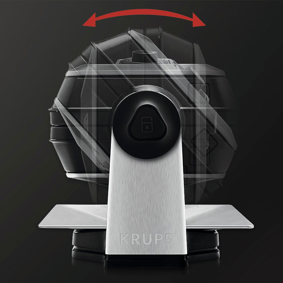 Frontansicht eines drehbaren Waffeleisens mit Edelstahlgehäuse und schwarzem Drehmechanismus.