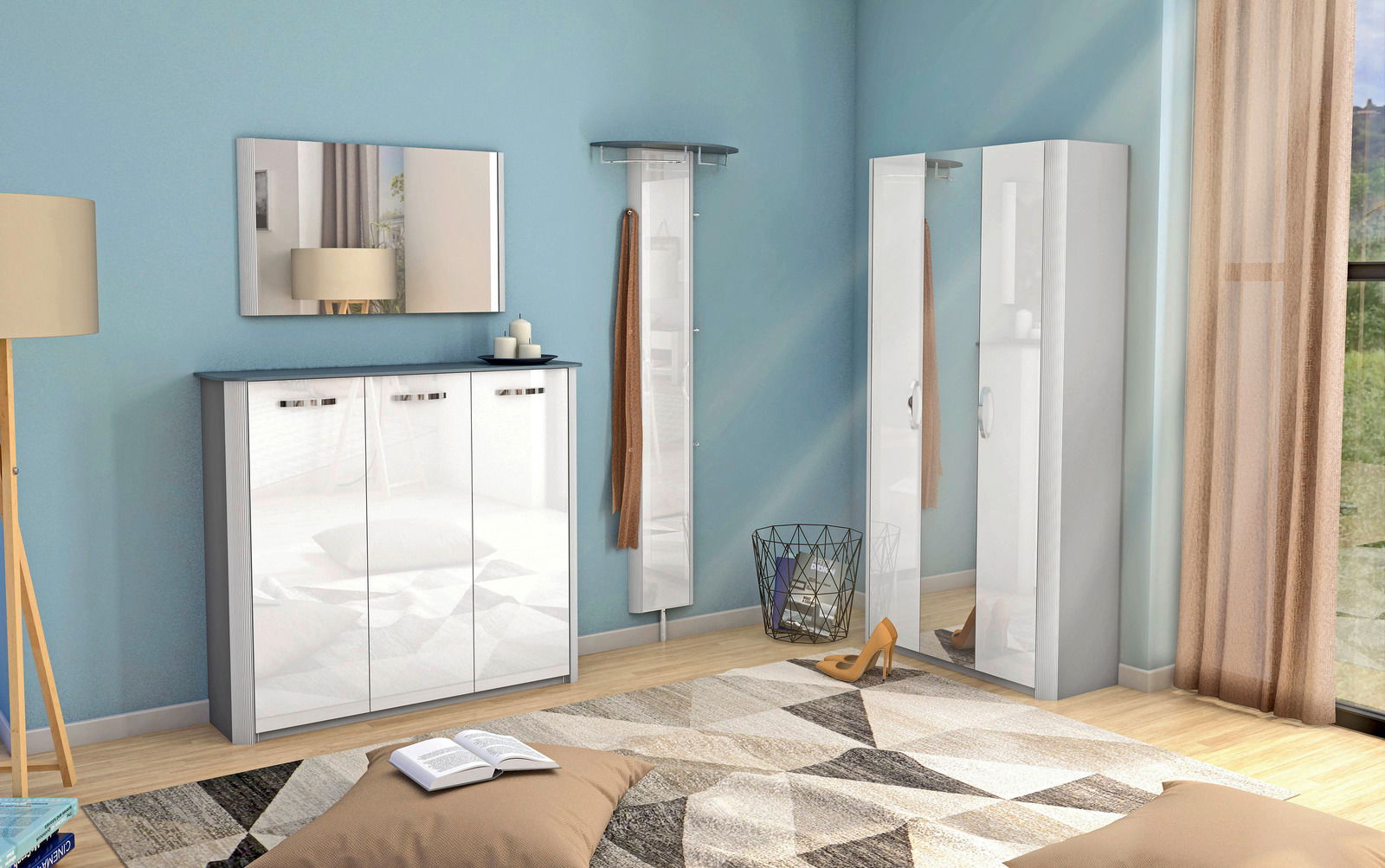 Moderano Schuhschrank MILANO Moderne Garderobenkombination in einem hellen Raum mit Spiegel, Schuhschrank und Garderobenpaneel, seitliche Perspektive