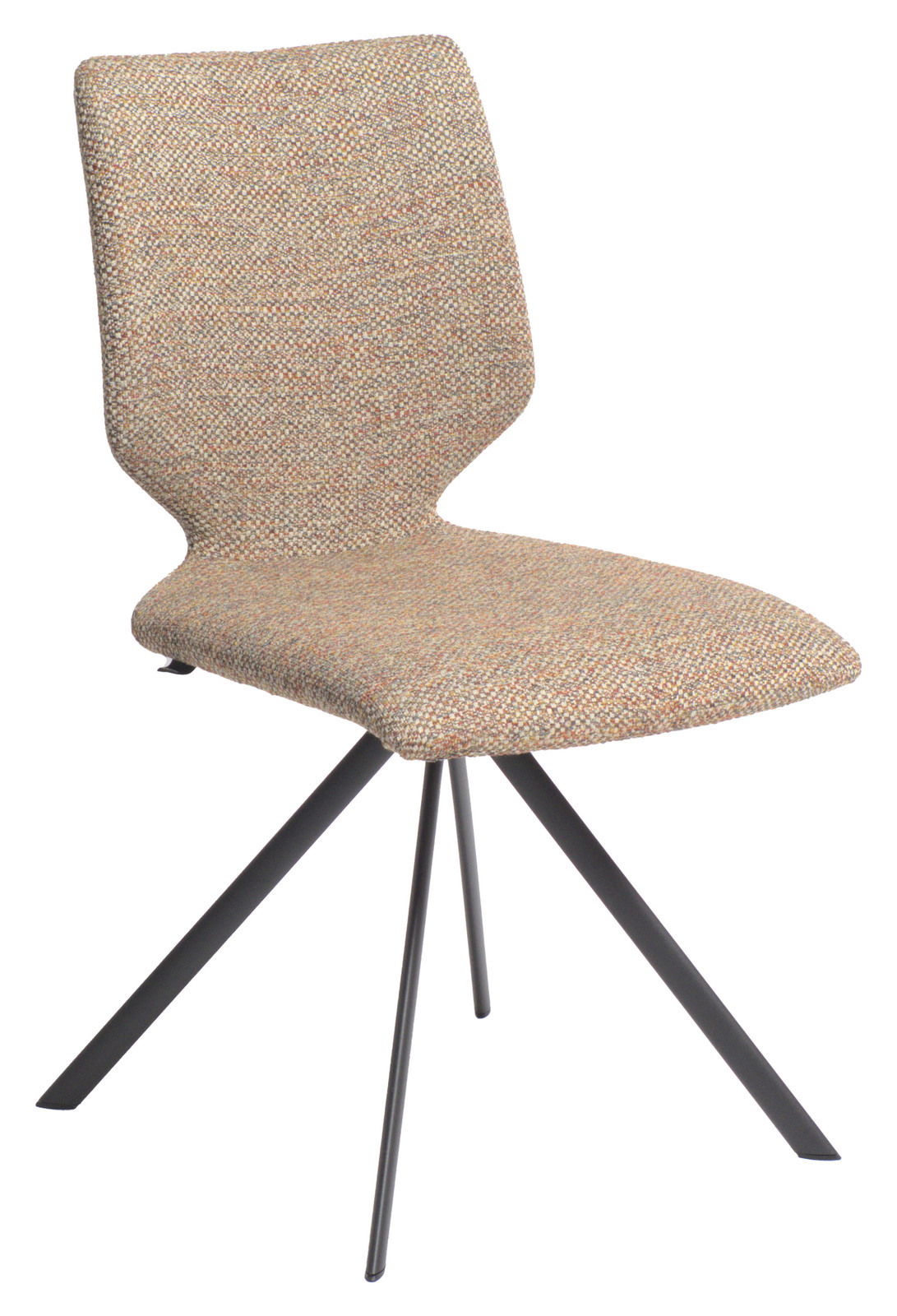 Moderner Stuhl mit gepolsterter Sitzfläche und Rückenlehne in beige-meliertem Stoff, auf schwarzem Metallgestell mit vier Beinen. Seitenansicht.