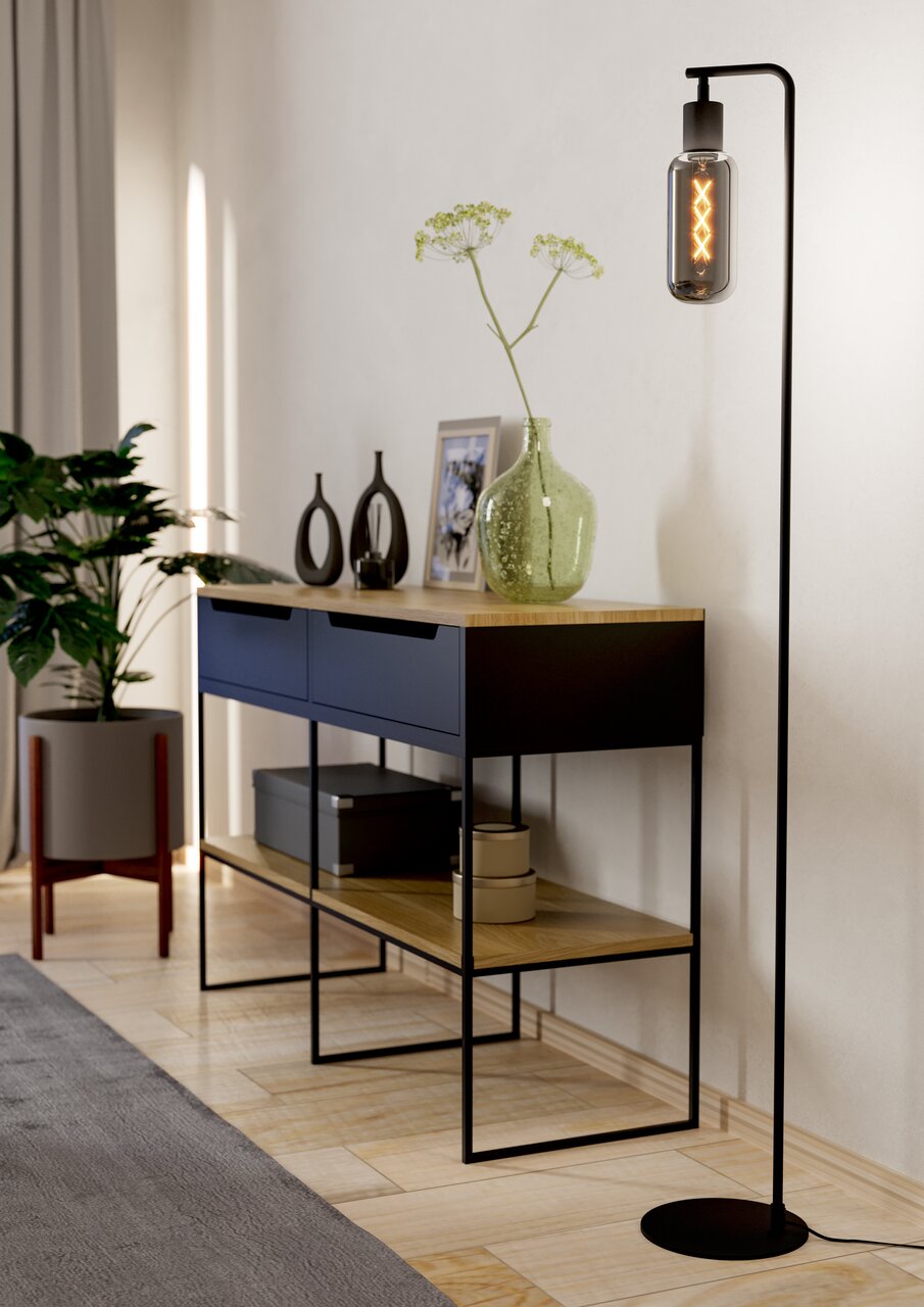 Eglo Leuchten Stehleuchte MAIONE Moderne Stehleuchte MAIONE mit schwarzem Gestell und dekorativer Glühbirne, seitliche Perspektive im Wohnzimmer.