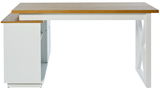 Moderner Eck-Schreibtisch in Weiß mit Holzoberfläche, frontal betrachtet.