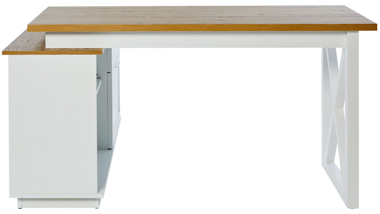 Moderner Eck-Schreibtisch in Weiß mit Holzoberfläche, frontal betrachtet.