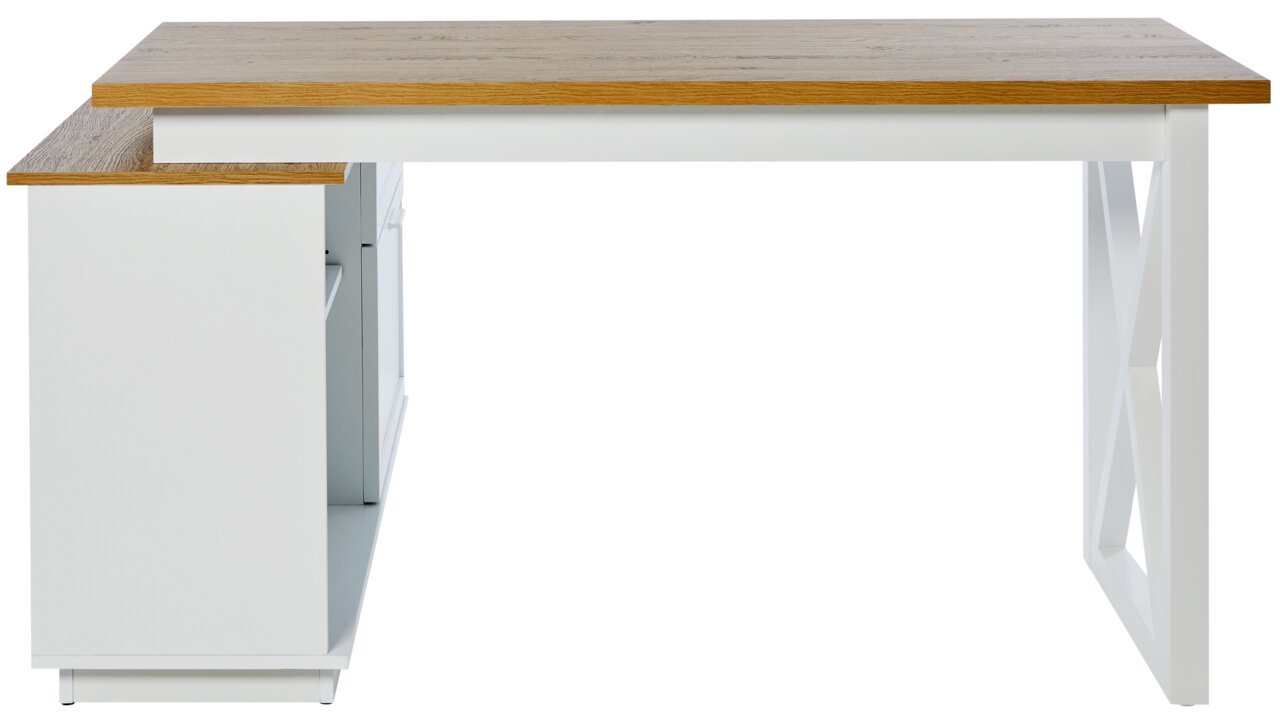 Modern hoekbureau in wit met houten afwerking, gezien vanaf de voorkant.