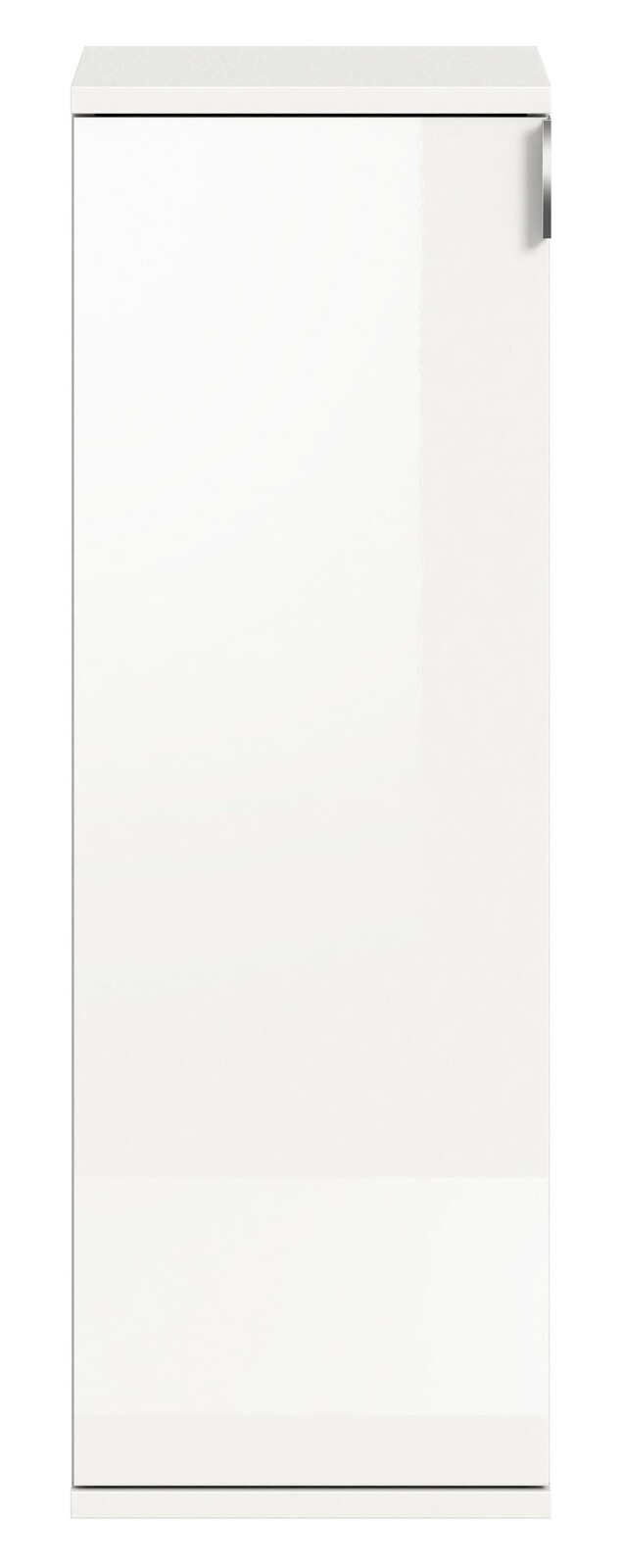 Weiße Kommode mit glänzender Oberfläche und seitlichem Griff, Frontalansicht