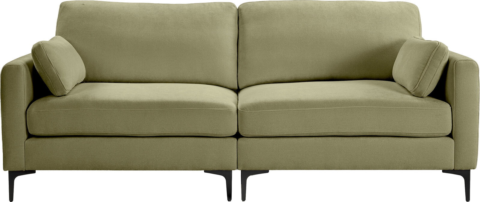 Olivgrünes 2-Sitzer-Sofa mit zwei Sitzkissen, zwei Rückenlehnen, Armlehnen und schwarzen Metallfüßen, frontal von vorne auf weißem Hintergrund