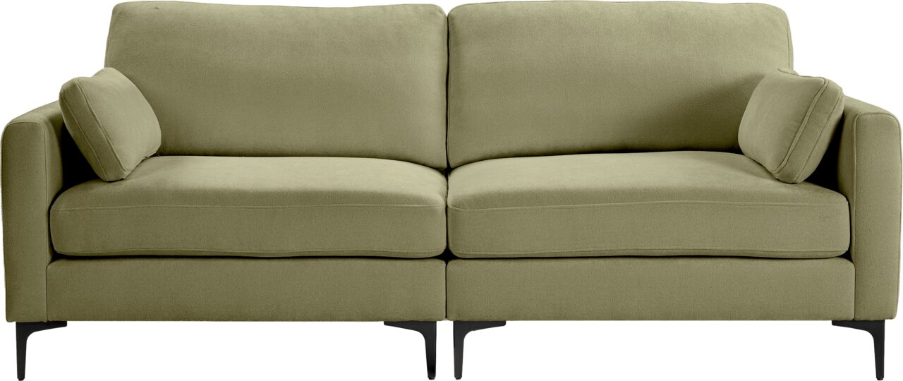 Olivgrünes 2-Sitzer-Sofa mit zwei Sitzkissen, zwei Rückenlehnen, Armlehnen und schwarzen Metallfüßen, frontal von vorne auf weißem Hintergrund