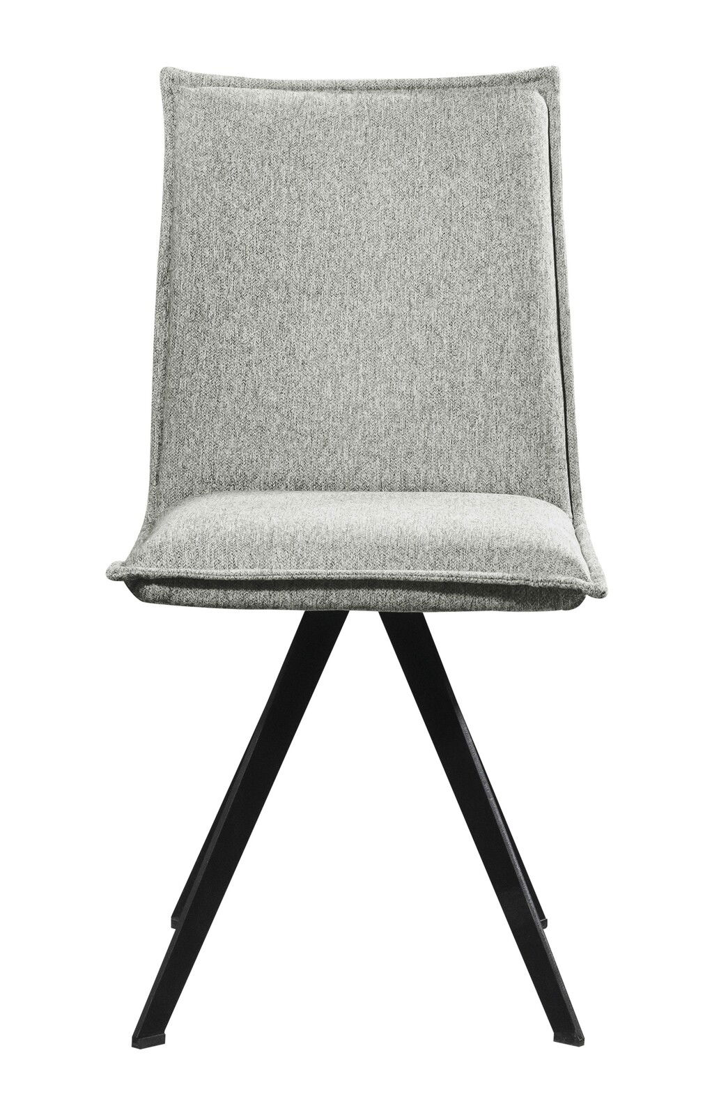Moderner grauer Stuhl mit schwarzem Metallgestell, Frontalansicht