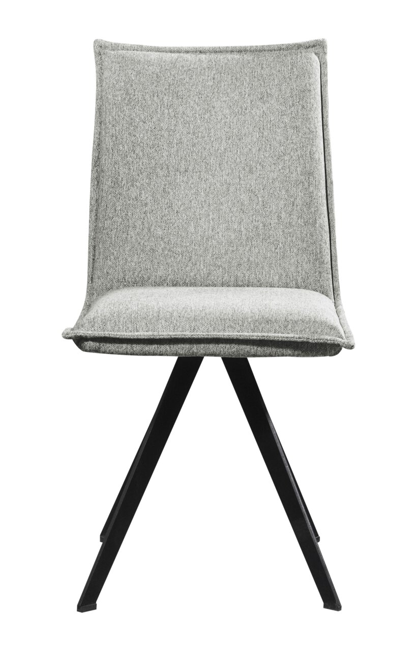 Moderne grijze stoel met zwart metalen frame, vooraanzicht