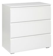 Weiße Kommode mit drei Schubladen, seitliche Perspektive