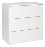 Weiße Kommode mit drei Schubladen, seitliche Perspektive