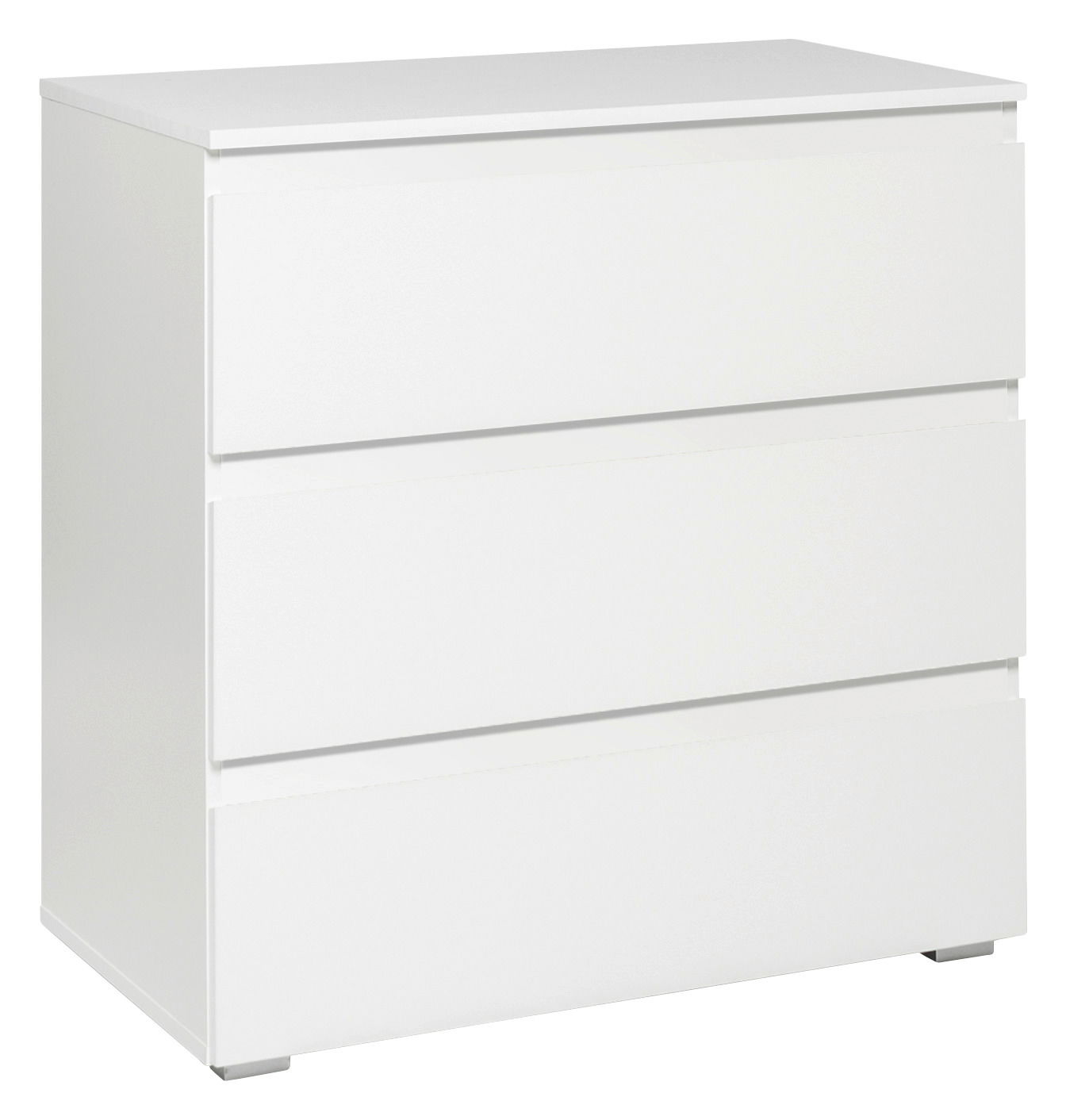 Weiße Kommode mit drei Schubladen, seitliche Perspektive