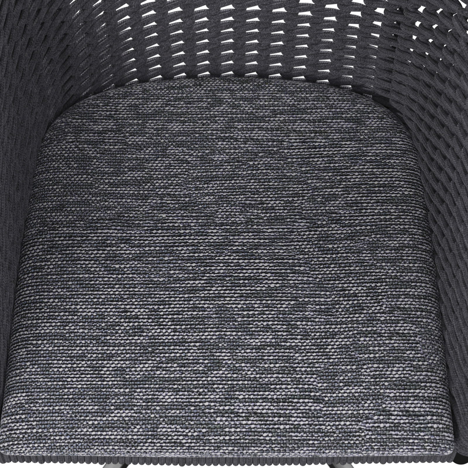 Nahaufnahme eines grauen, gewebten Sitzpolsters eines Armlehnstuhls aus der Vogelperspektive.