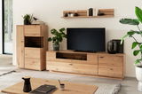 Moderne Wohnzimmer-Wandkombination aus Holz mit TV-Schrank, Regal und Dekorationen, seitliche Perspektive