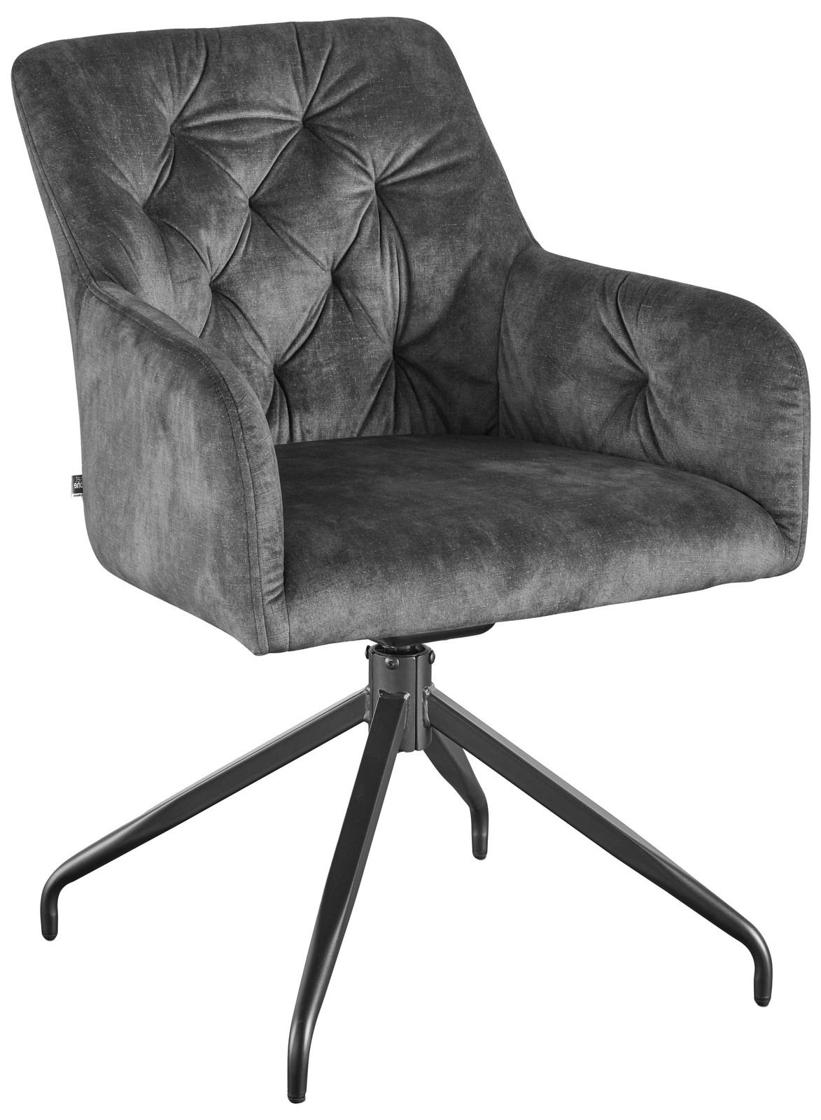 Grauer Armlehnstuhl mit gepolsterter Sitzfläche und Rückenlehne, auf einem schwarzen Metallgestell, seitliche Perspektive.