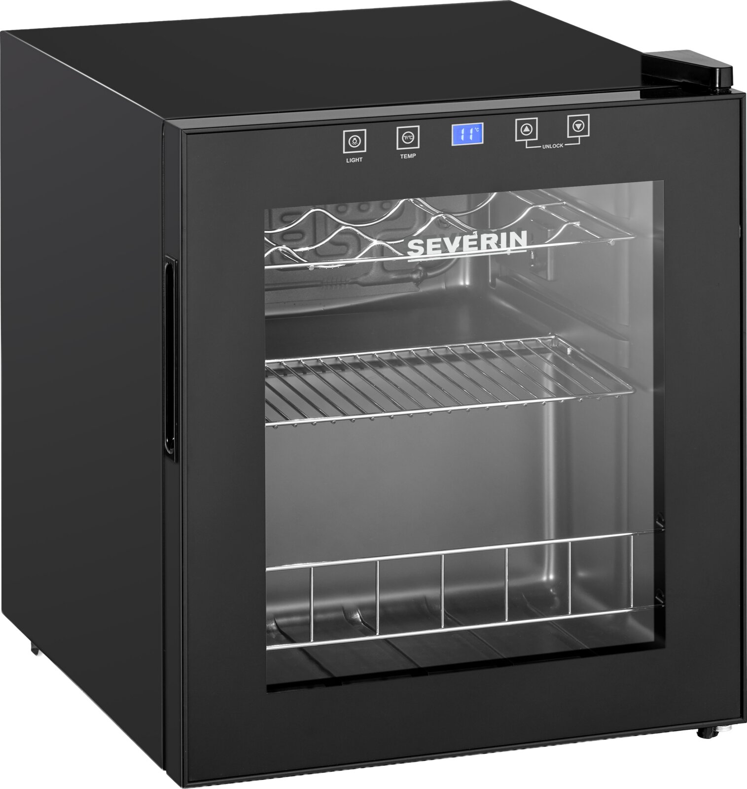 Schwarzer Severin Weinkühlschrank mit Glastür, digitaler Temperaturanzeige und Innenregalen, schräg von vorne rechts fotografiert