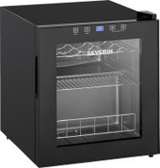 Schwarzer Severin Weinkühlschrank mit Glastür, digitaler Temperaturanzeige und Innenregalen, schräg von vorne rechts fotografiert