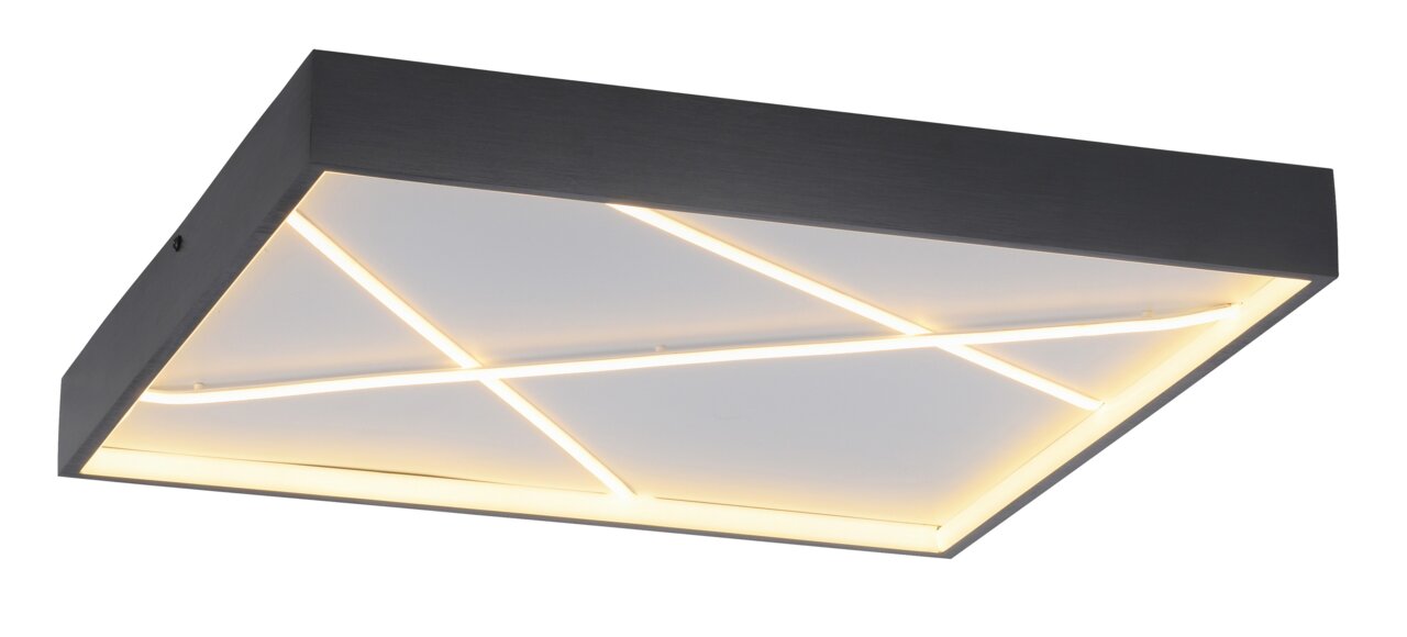 Moderne quadratische Deckenleuchte mit geometrischem LED-Design, seitliche Perspektive