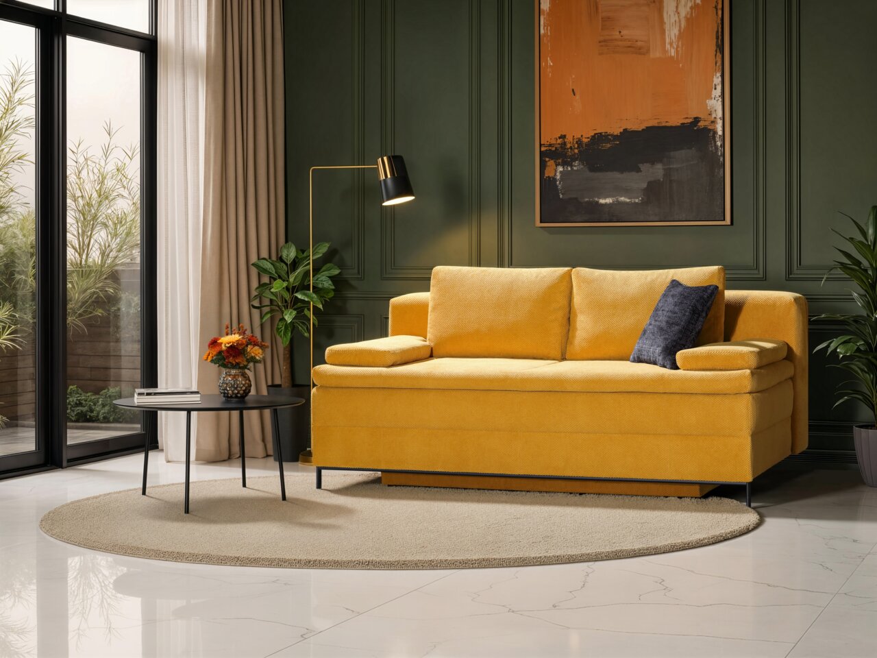 Gelbes Querschläfer-Sofa in einem stilvoll eingerichteten Wohnzimmer mit grüner Wand, moderner Stehlampe und Kunstwerk im Hintergrund, seitliche Perspektive.