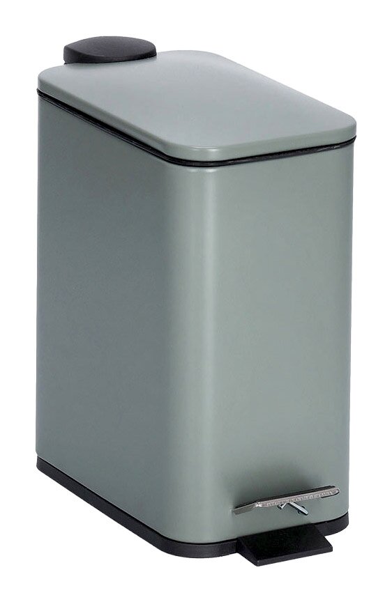 Grauer Treteimer mit 5 Litern Fassungsvermögen, Soft-Close-Mechanismus, seitliche Perspektive